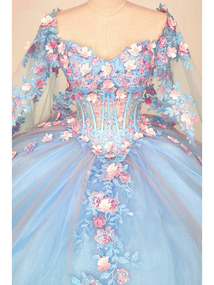 Baby Blue Quinceanera Dress With Pink Flowers and Cape CHF3117 for wholesale on Faire7