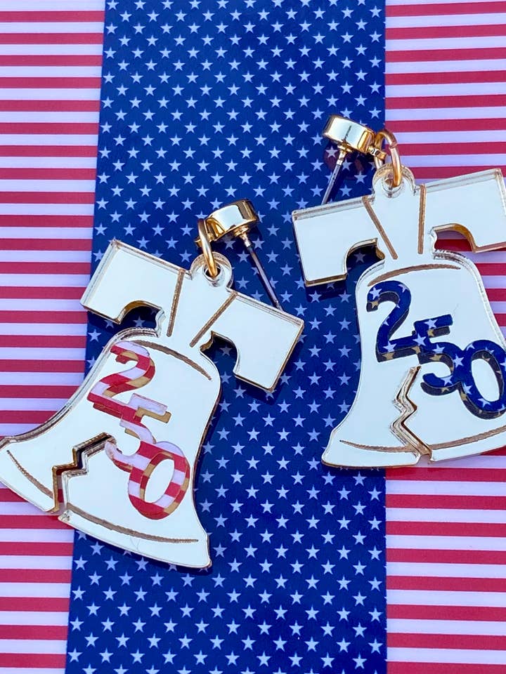 Liberty Bell “250” Patriotic Acrylic Dangle Earrings for wholesale by Sandy Lou Designs