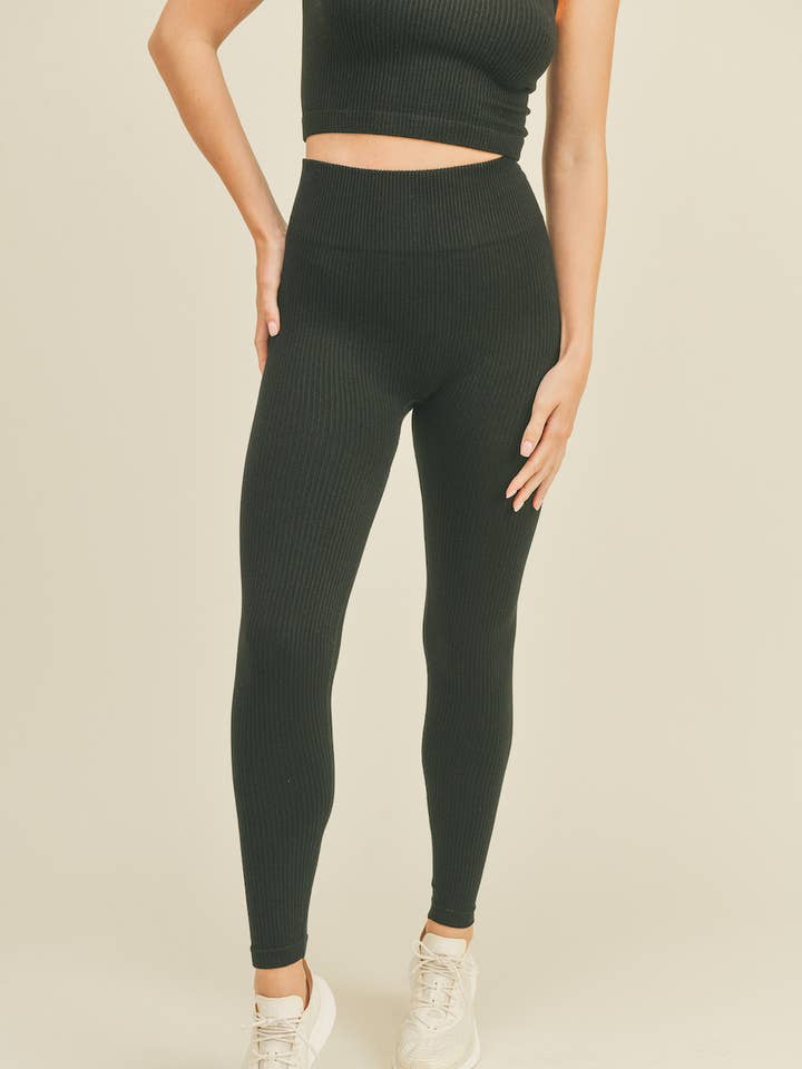 Black High Rise Premium Seamless Ribbed Leggings for wholesale on Faire