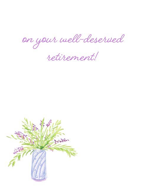 Lula Bell Cards and Gifts - Wholesale Retirement Card - Retirement - Purple Flowers in Tall Vase Greeting Card 1