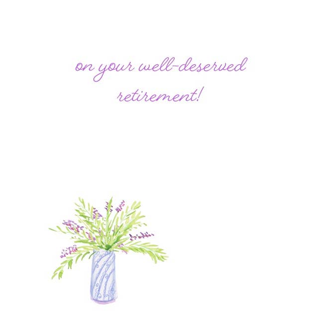 Lula Bell Cards and Gifts - Wholesale Retirement Card - Retirement - Purple Flowers in Tall Vase Greeting Card 1