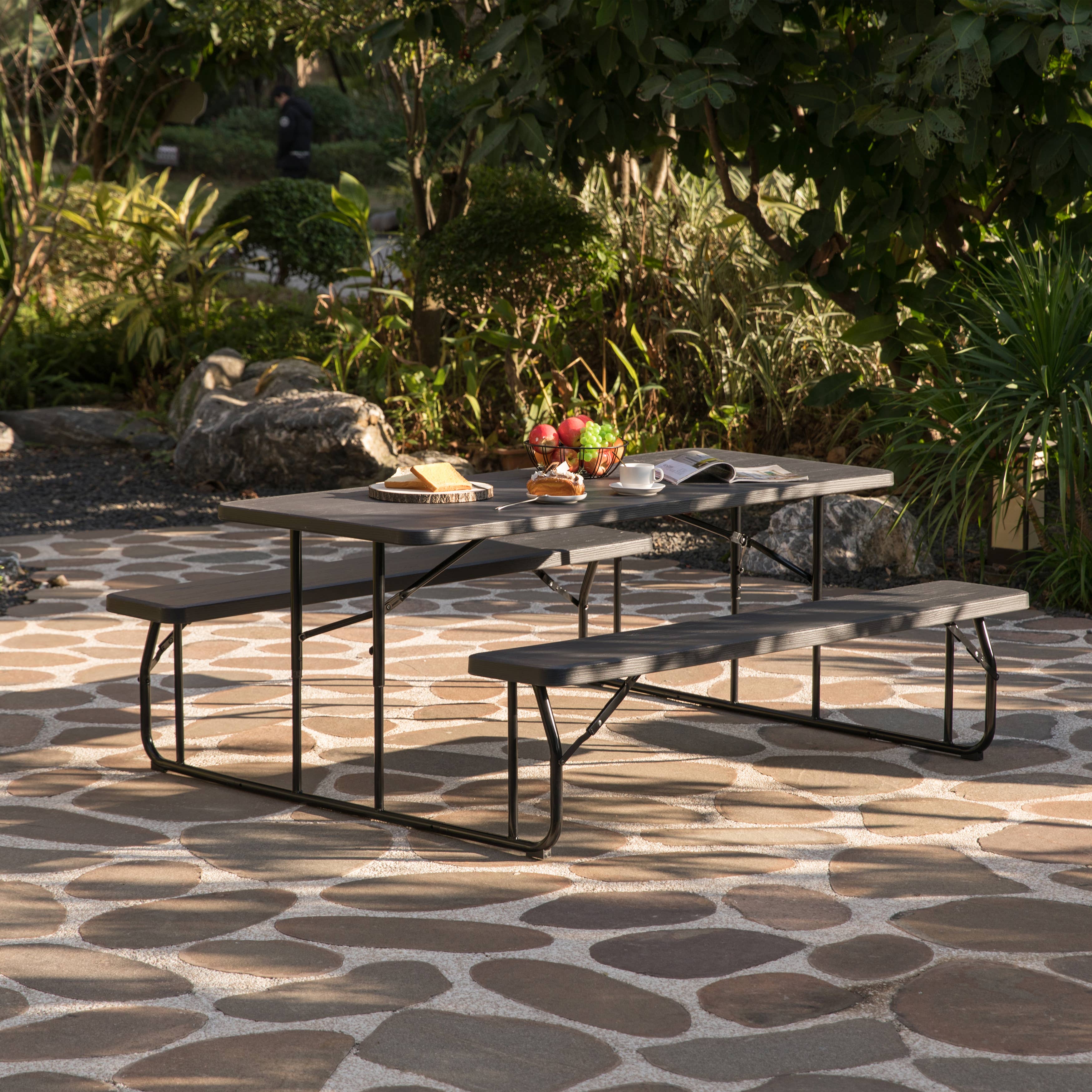 Quickway Imports - Vente Salon de terrasse - Set de table de pique-nique pliable extérieur effet bois avec structure métallique1