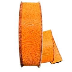 1.5" x 50 YDS Wired Flower Embossed Metallic Edge ORANGE for wholesale by Lucknow Southern and Company