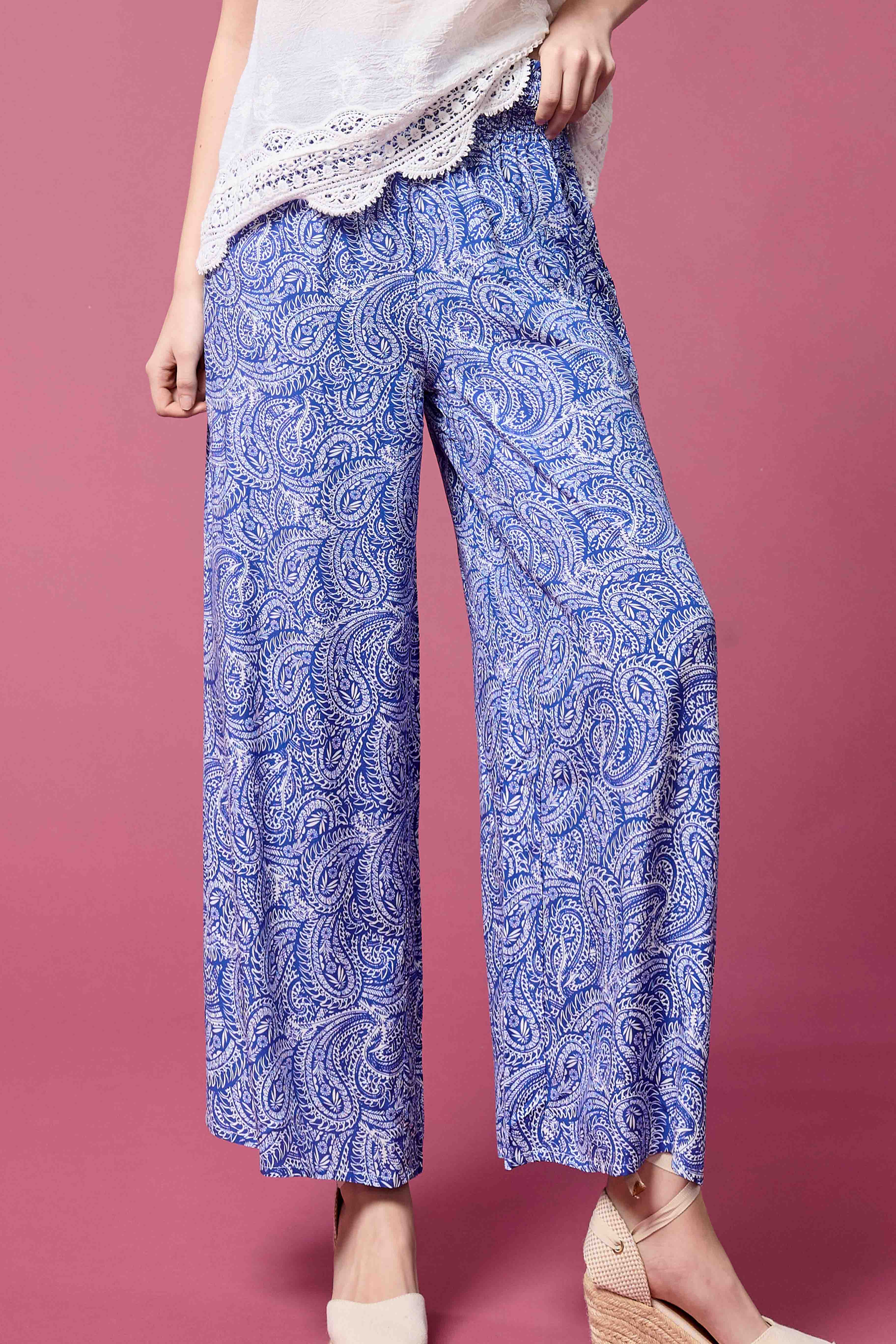 La Miel - Wholesale Pants - Women's - JCP4225-Boho Paisley Print Wide Leg Flowy Pants with Pockets6