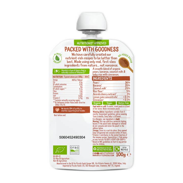 Piccolo Foods - Wholesale Baby food - Piccolo Organic Pear, Banana, Coconut Milk & Baby Rice 4m+1