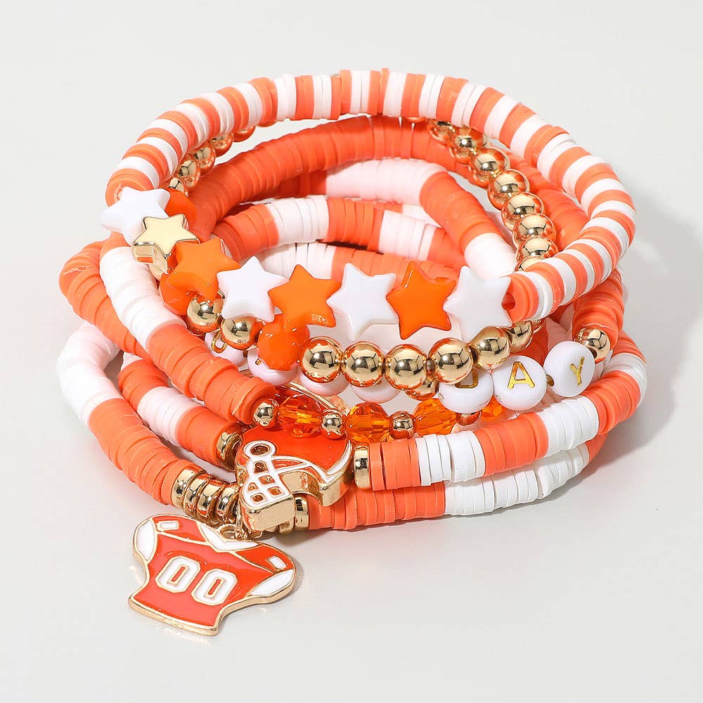 Sensibling Corp. - Wholesale Jewelry Set - 7PCS - Football Charm Star GAME DAY Message Heishi Beaded Stretch Multi Layered Bracelets10