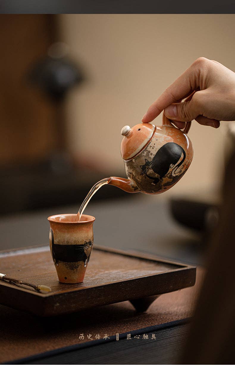 Gohobi （We cover U.S. import duties） – chaleira por atacado – Gohobi Bule de Chá de Gato Pintado à Mão com Tinta Preta Feito à Mão 0128