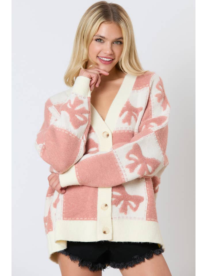 Peach Love California - Wholesale Cardigan - Women's - 3d Bow & Square Pattern Oversized Cardigan