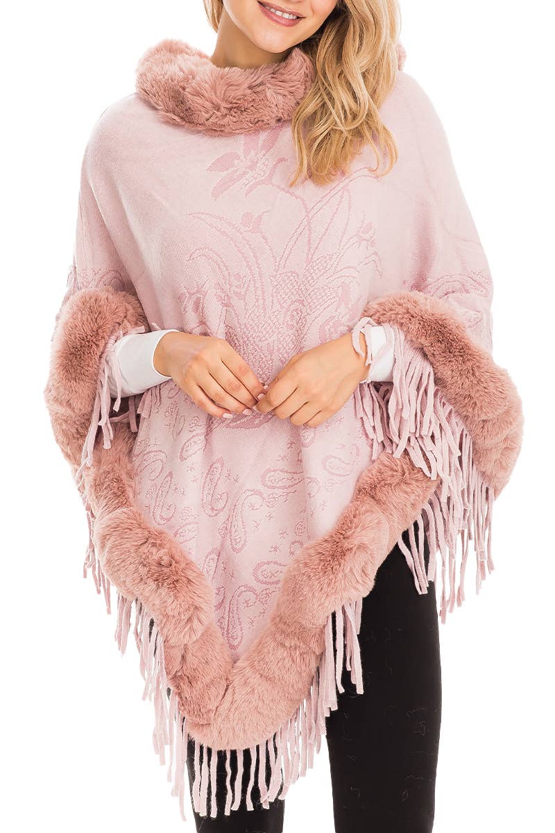 Cap Zone – Großhandel Poncho – Damen – Poncho mit Paisley geprägtem Kunstpelzfutter und Rollkragen2