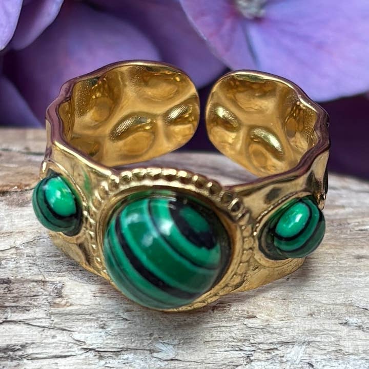 18ct Gold Plated Malachite Triple Stone Ring for wholesale by Ocean Ripples