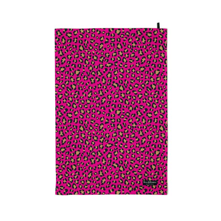 Bean and Bemble - Wholesale Tea Towel - Tea Towel - UK Made - Pink Leopard Print - Organic Cotton