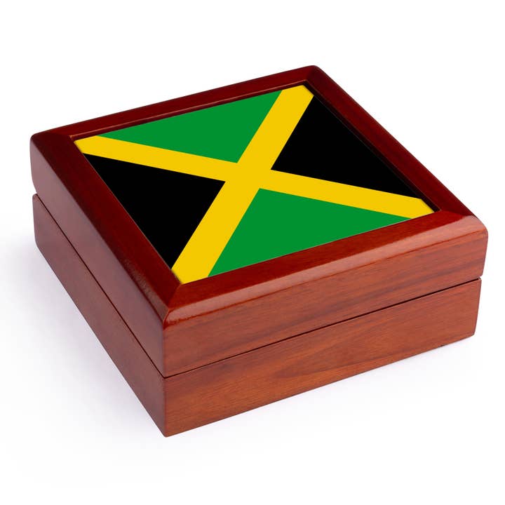 3dRose - Wholesale Jewellery box/organiser - 3dRose, Flag of Jamaica square - Caribbean Jamaican green black with yellow gold saltire cross - The Cross, Jewelry Box
