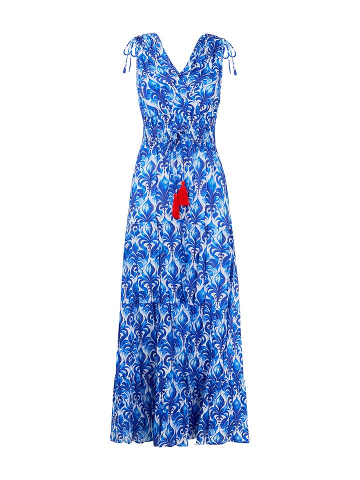 Blue Santorini Blues Tie Shoulder Cotton Maxi Dress for wholesale on Faire