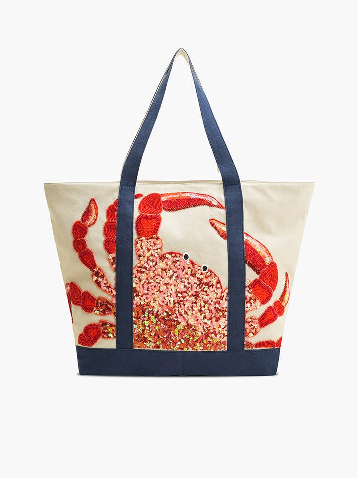 Bolso tote náutico con cangrejo costero y cuentas cosidas a mano para venta al por mayor de America & Beyond