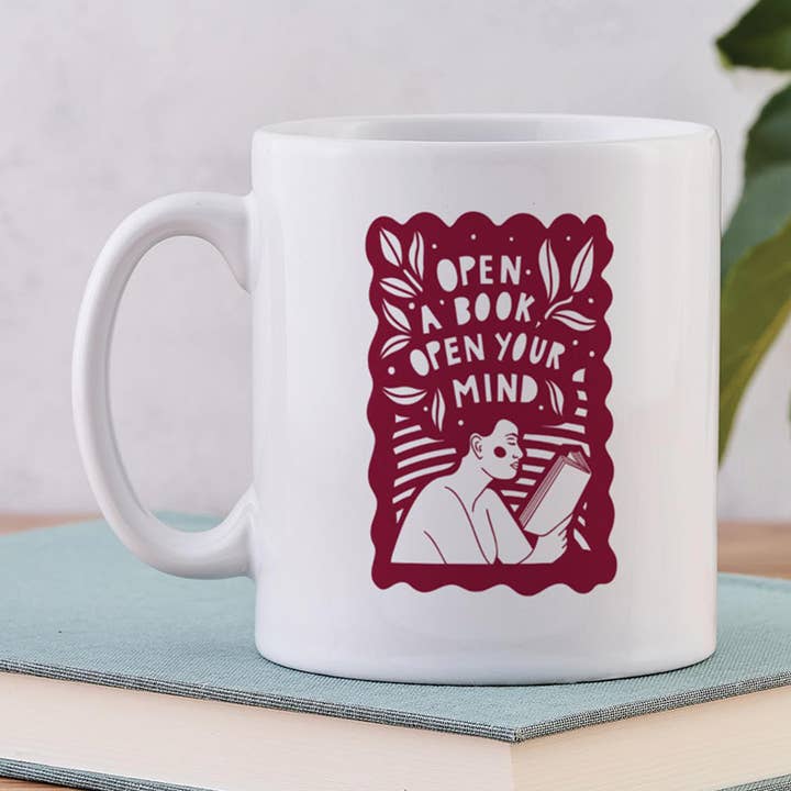 Open a Book, Open your Mind - Literary Mug for wholesale by Bookishly (No US Import Fees)