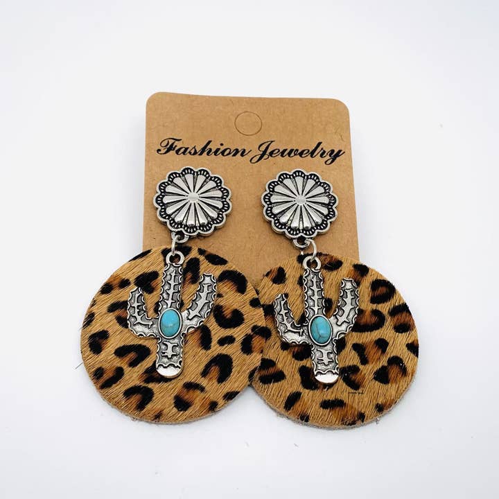 Mio Queena - Wholesale Dangle Earrings - Western Style Cactus Animal Skin Double Charm Earrings - WJ3