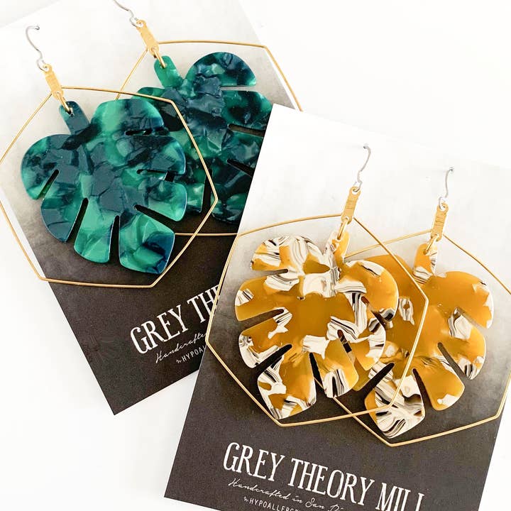 MONSTERA Tortoise Shell Dangly Earrings, Emerald or Mustard for wholesale by Grey Theory Mill