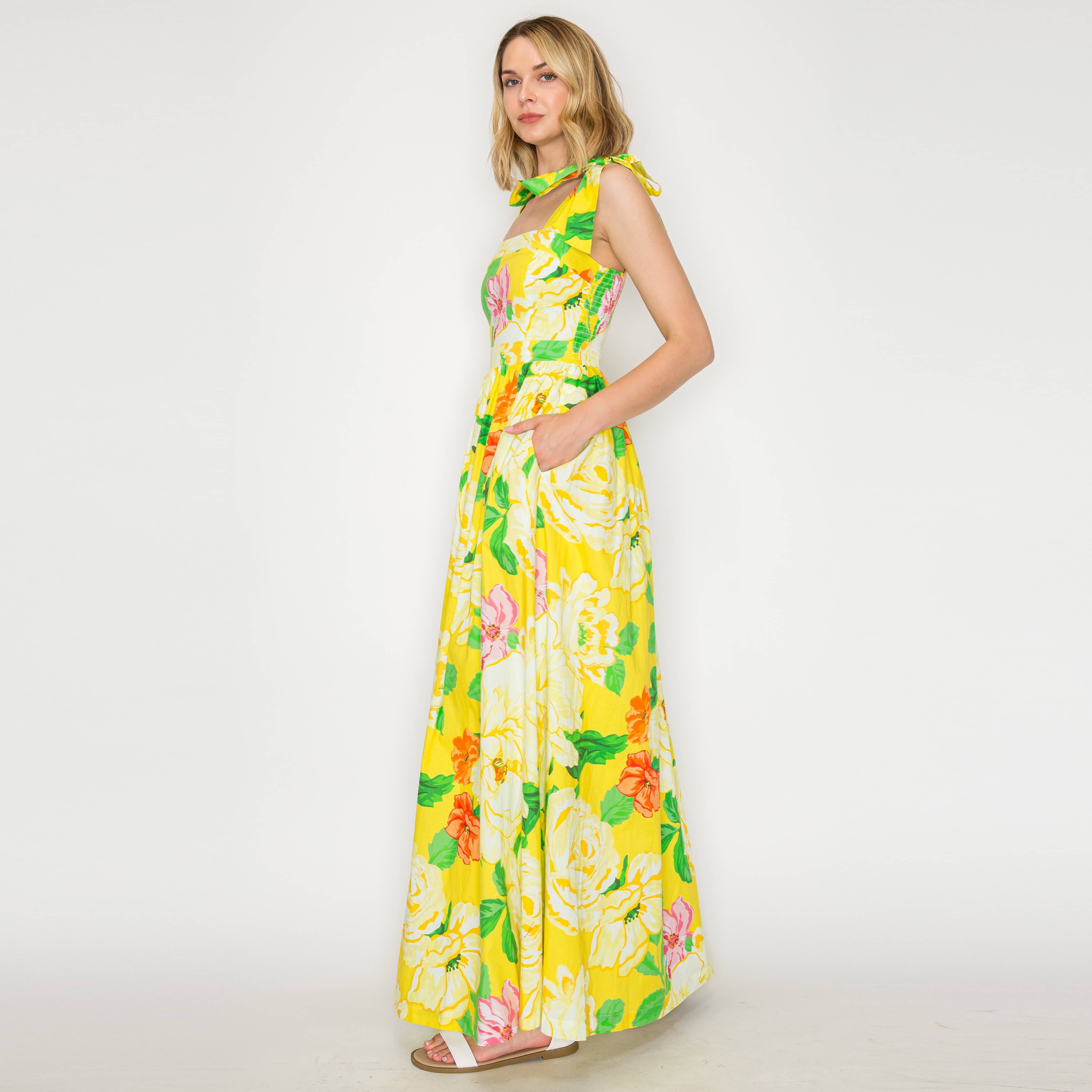 LoveWednesday - Wholesale Dress - Women's - Sunny Lemon Yellow Big Flower Maxi Dress - LWD30571