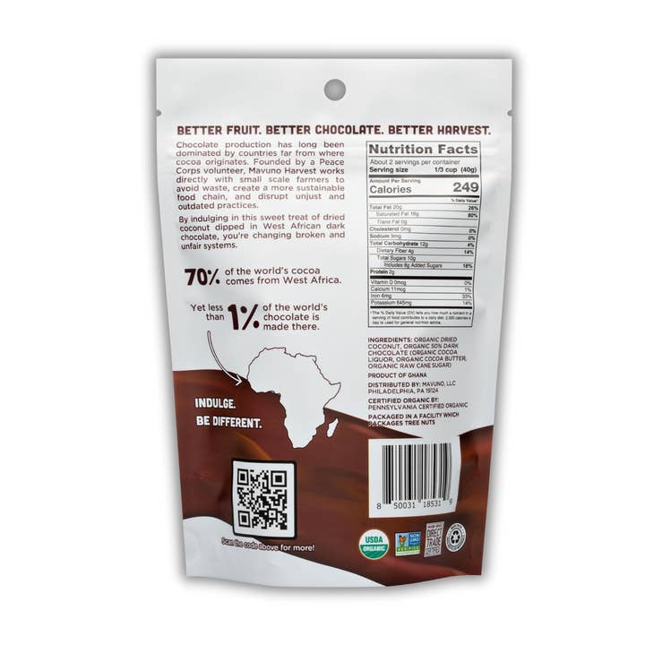 Mavuno Harvest Organics - Wholesale Dried/Dehydrated Fruit - Organic Dark Chocolate Dipped Dried Coconut, 6-pack case