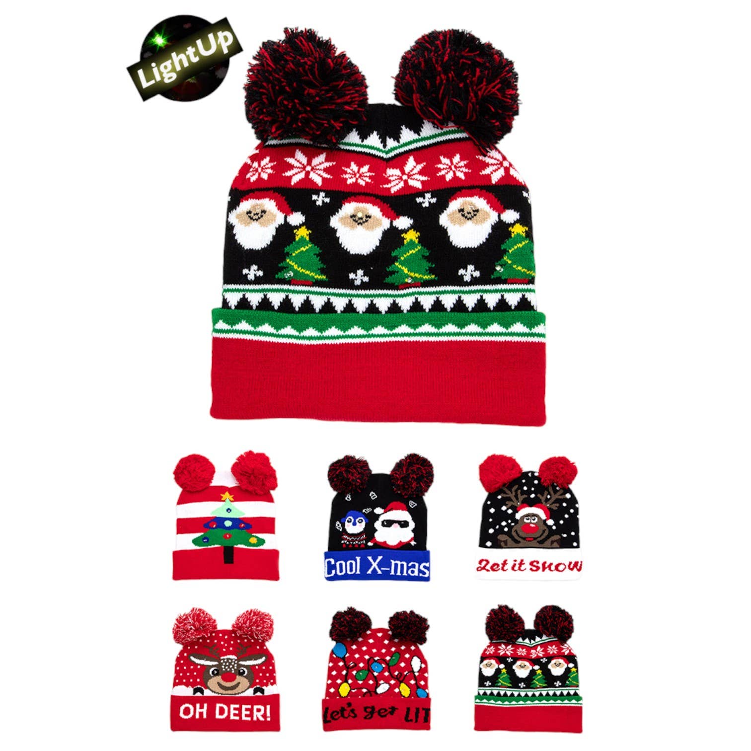 LA Jewelry Plaza - Wholesale Beanie - Women's - Double Pom Pom LED Christmas Light Up Beanies Set0