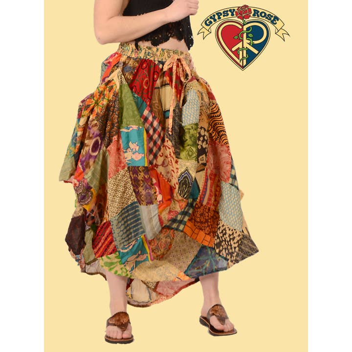 Gypsy Rose - Wholesale Skirt - Women's - Festy Style Diamond Patchwork Finger Loops Skirt
