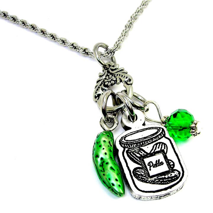 Chubby Chico Charms - Wholesale Pendant/Charm Necklace - Jar of pickles Green pickle charm holder necklace