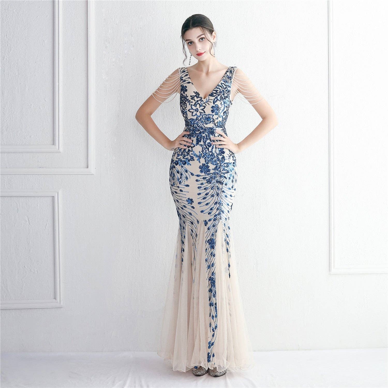 VividLux - Wholesale Gown - Women's - Sequin Mesh Craft Beaded Elegant Fishtail Dress _ Perfect for Annual Meetings0