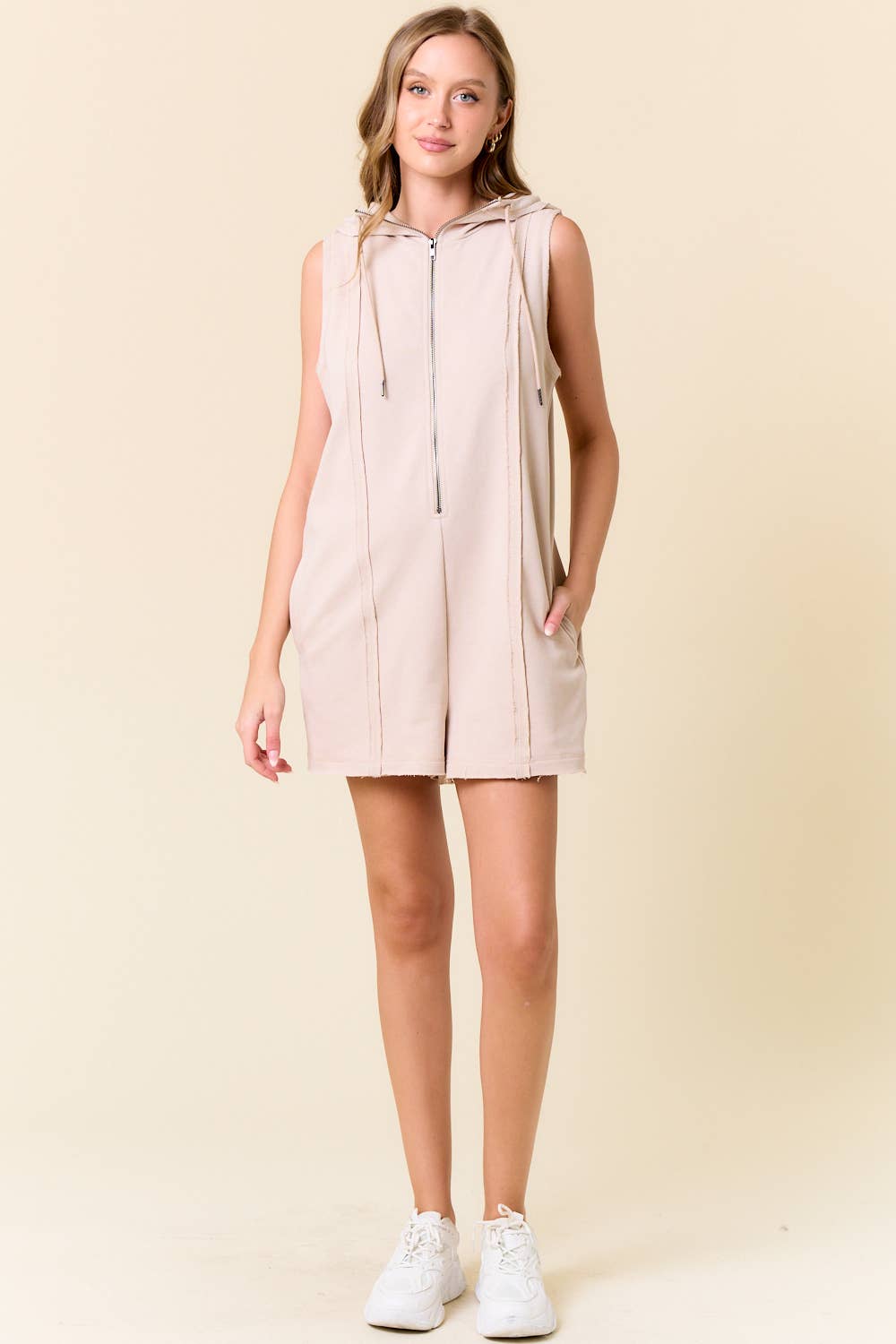 Doe and Rae - Wholesale Romper - Women's - French Terry Zip-Front Sleeveless Hooded Romper - 28002R9