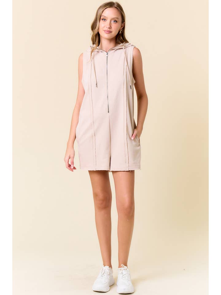 Doe and Rae - Wholesale Romper - Women's - French Terry Zip-Front Sleeveless Hooded Romper - 28002R9