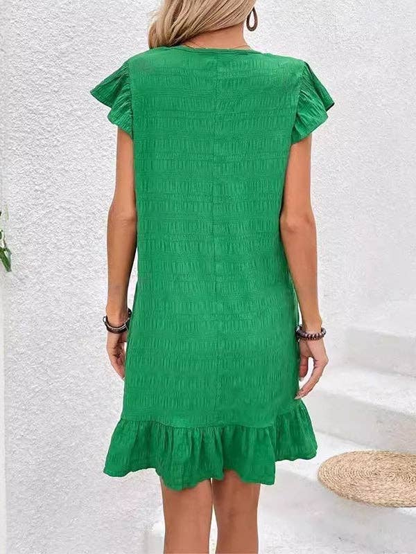 VERT Mini-robes amples plissées à manches volantées de couleur unie et à col en V en vente sur Faire4