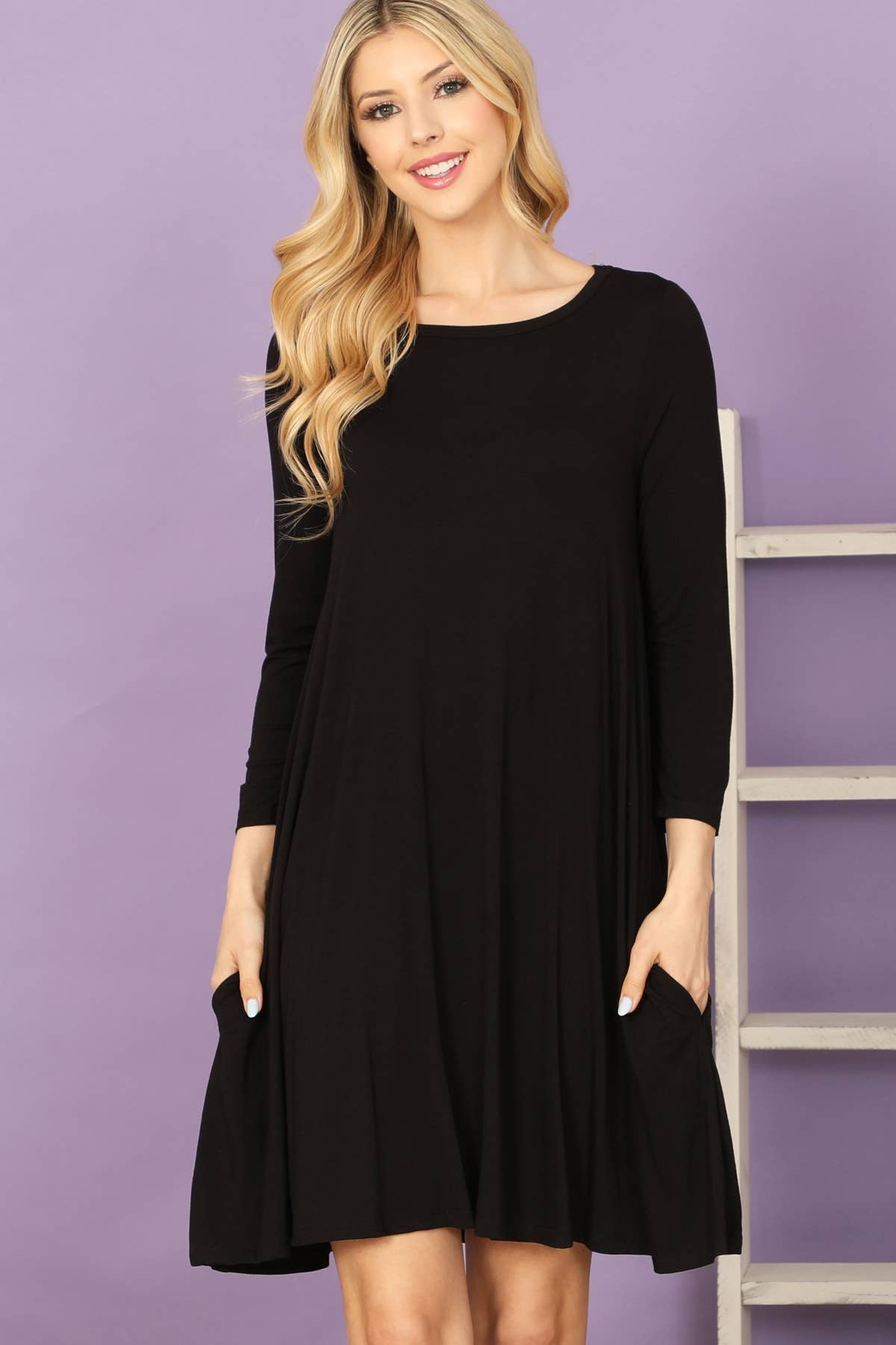 MYS Wholesale Inc - Vente Robe – femme - Robe unie à encolure bateau et manches quarts avec poches latérales4