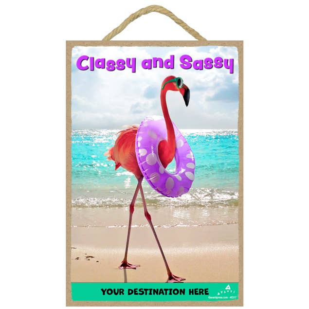 Flamingo on Beach - Placas de madera elegantes y atrevidas de 7" x 10.5" para venta al por mayor de SJT Enterprises, Inc.