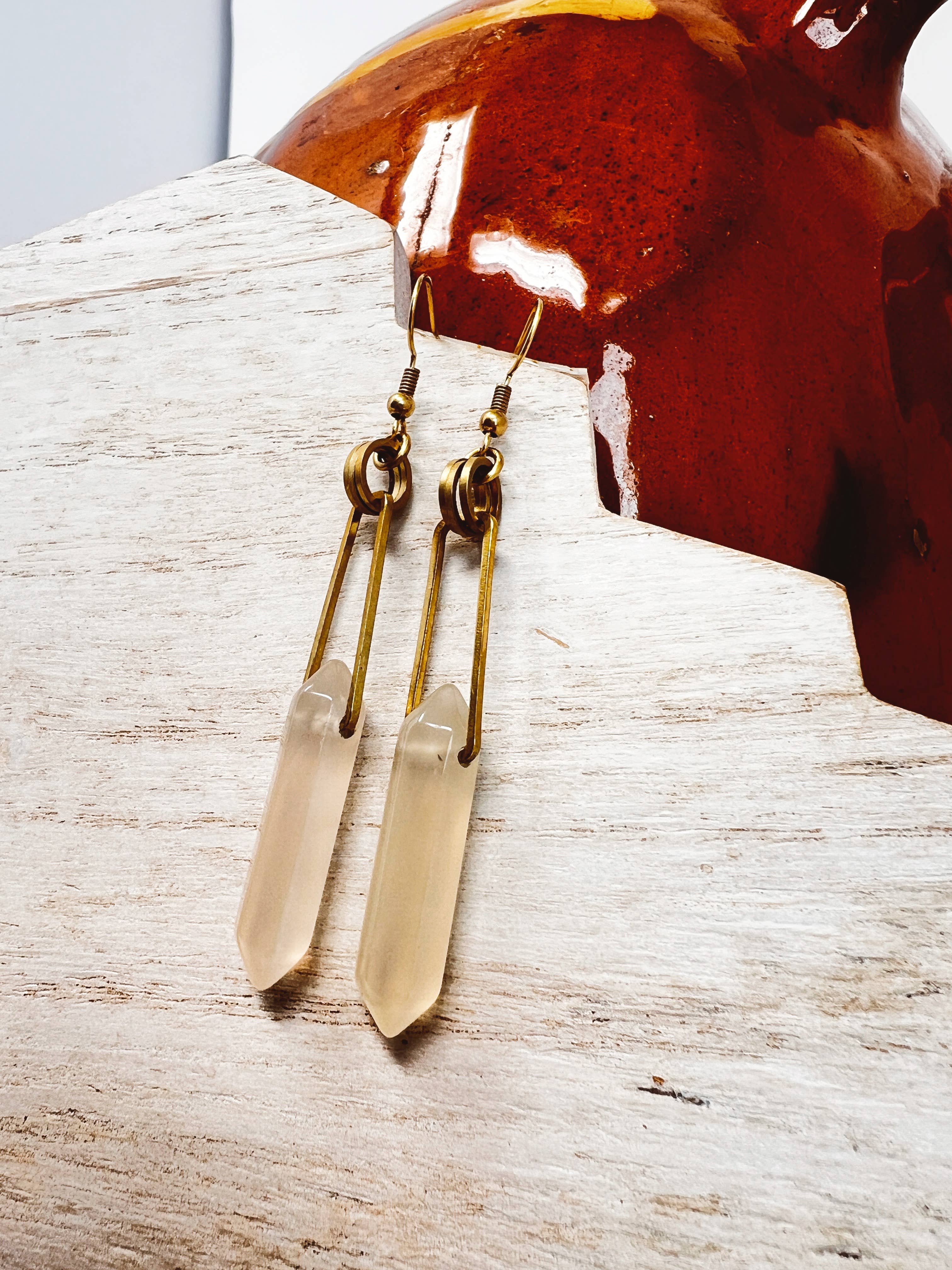 Permanent Baggage - Wholesale Dangle Earrings - Modern Geometric Rose Quartz Point & Brass Dangle Earring1