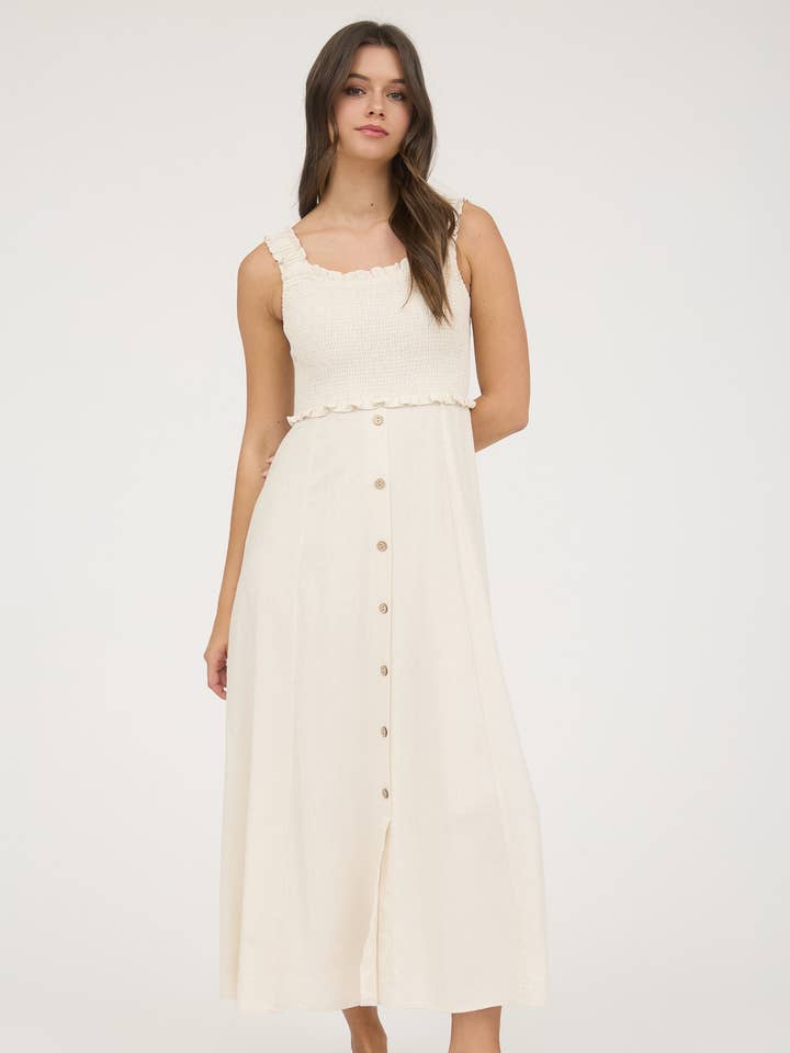 SMOCKED SLEEVELESS BUTTON DOWN MIDI DRESS for wholesale by MINE