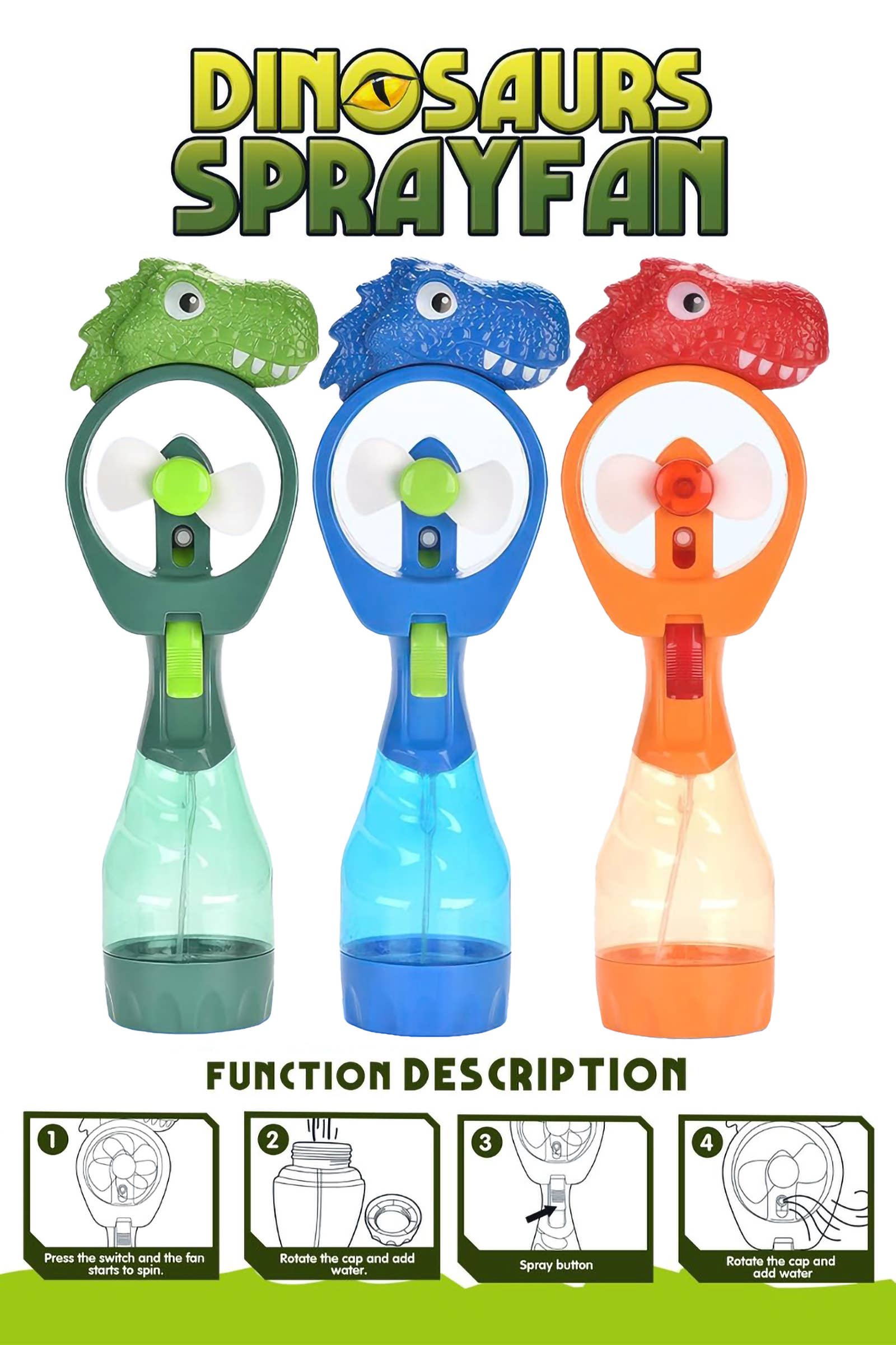 SORTIERT Elektrischer T-Rex Dinosaurier Handventilator mit Wasserzerstäuber für den Großhandel auf Faire3
