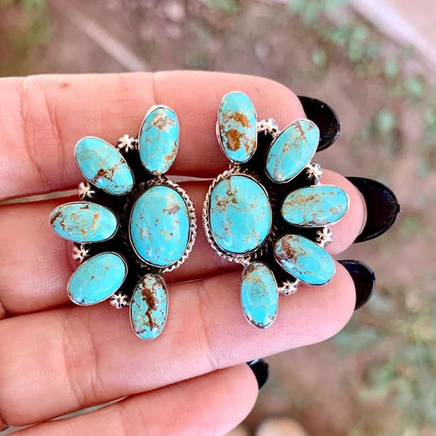 Retro geometric flower inlaid turquoise earrings for wholesale on Faire0