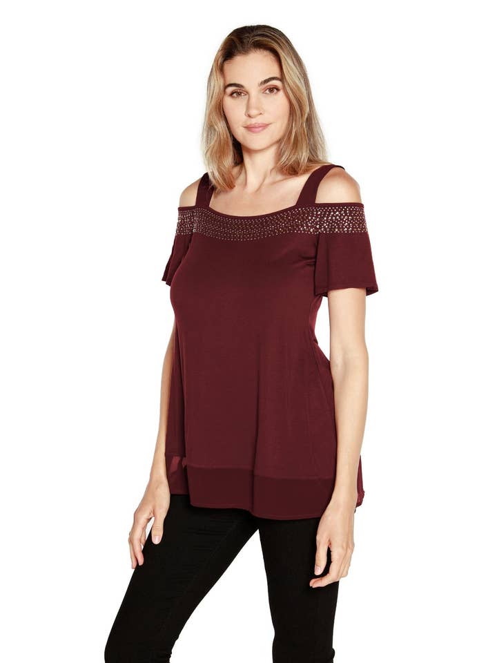 Belldini - Wholesale Blouse - Women's - Women's Cold Shoulder Tunic with Studs and Sequins28