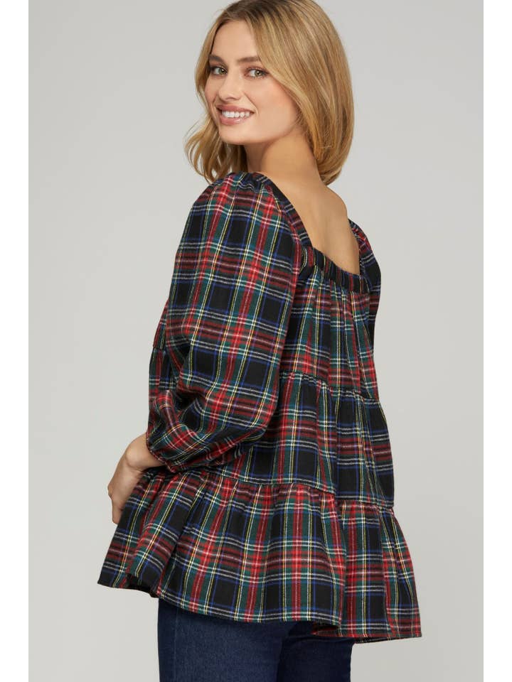 Peace Love Line - Wholesale Blouse - Women's - PL4655 - TIERED SQUARE NECK PLAID PRINT WOVEN TOP2
