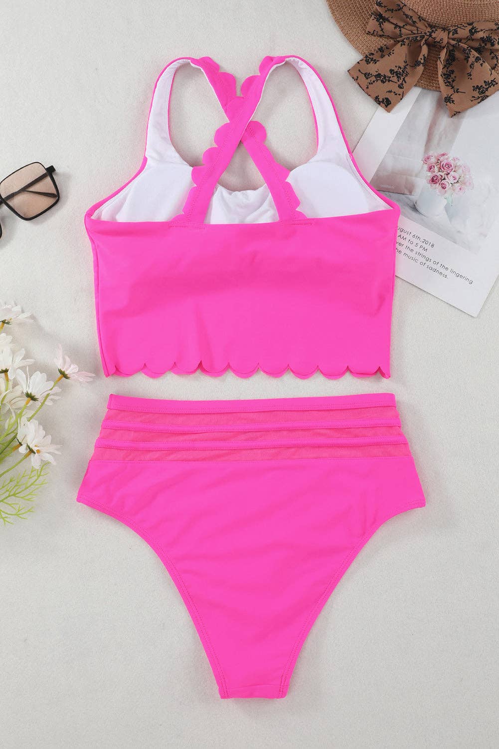 EG fashion - Wholesale Two Piece Swimsuit - Women's - Pink Scalloped Sleeveless High Waisted Two Piece Swimsuit34