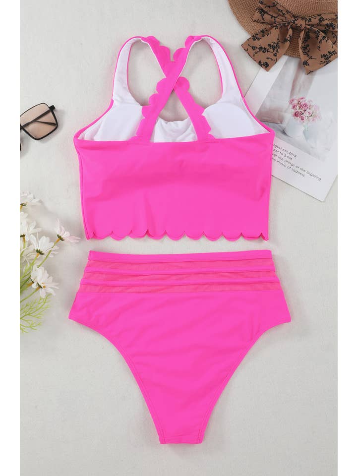 EG fashion - Wholesale Two Piece Swimsuit - Women's - Pink Scalloped Sleeveless High Waisted Two Piece Swimsuit34