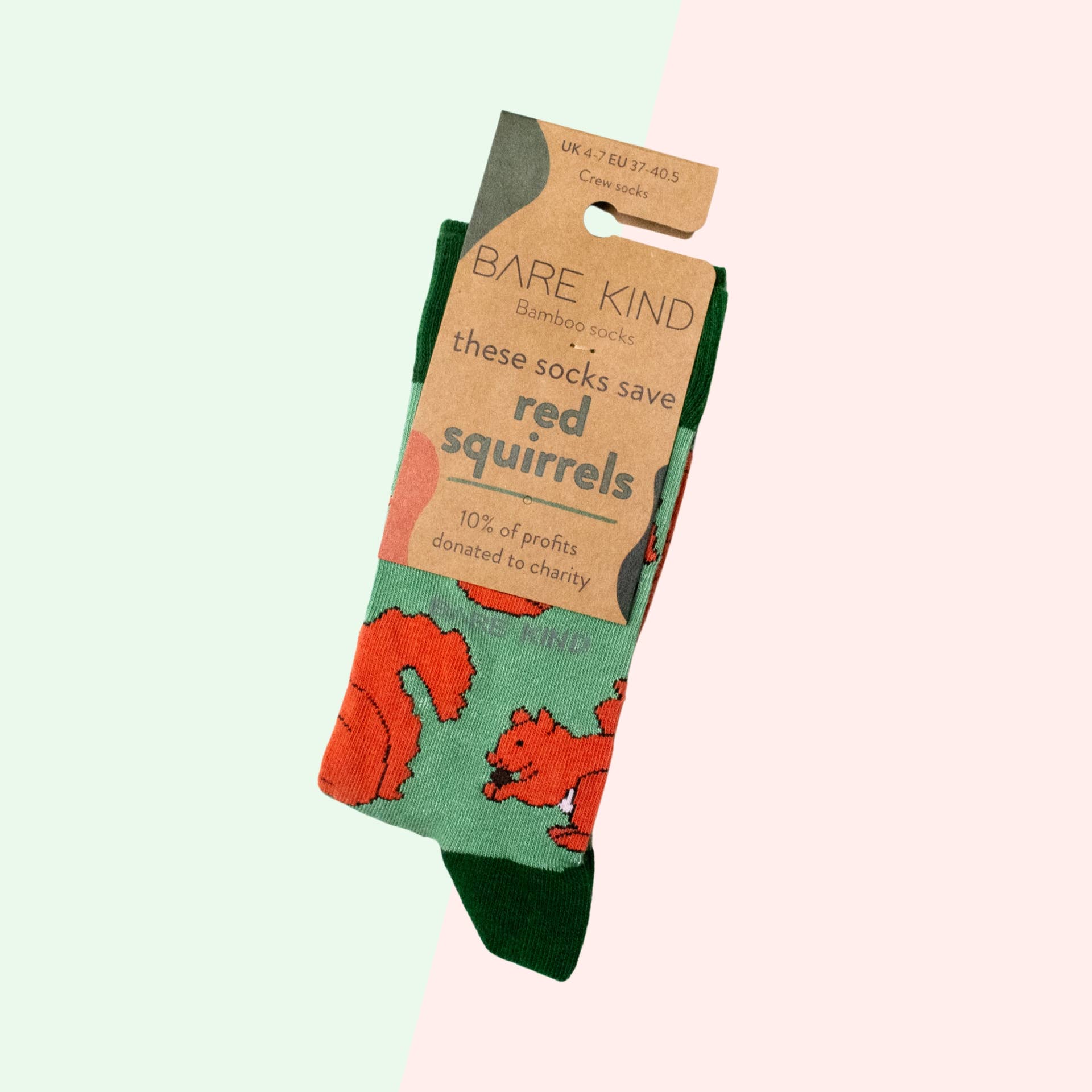 Bare Kind Socks – wholesale Socks – Unisex – Red Squirrel Socks | Bamboo Socks | Light Green Socks1