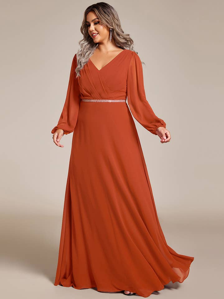 Ever-Pretty - Wholesale Gown - Women's - Elegant waisted chiffon V-neck Long Sleeve guest Dress61