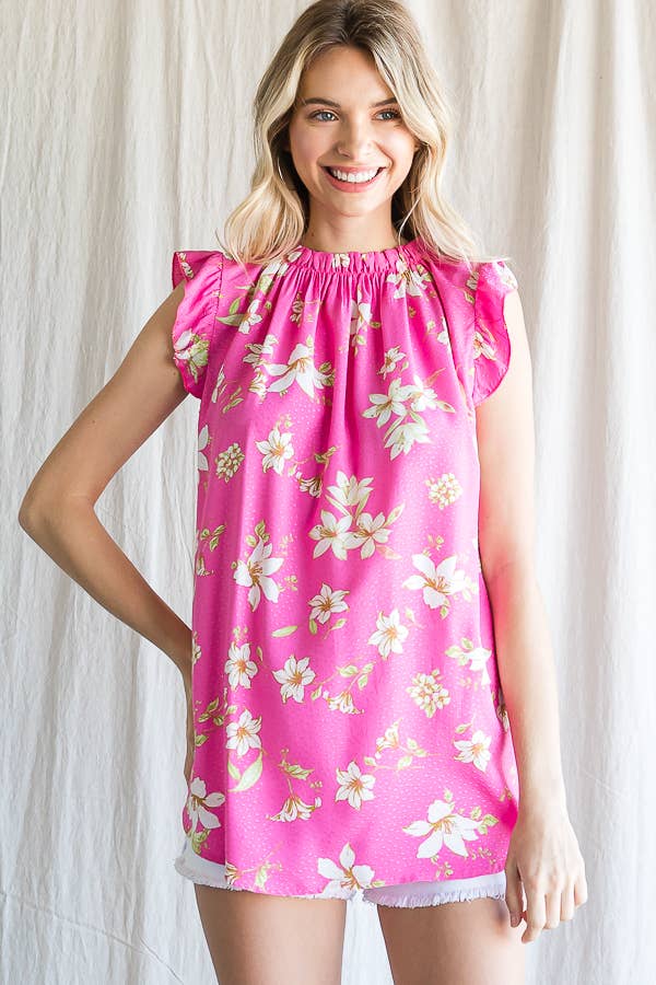 7th Ray - Wholesale Blouse - Women's - Boho Floral Ruffle Sleeve  Shirred Neckline Blouse T479318