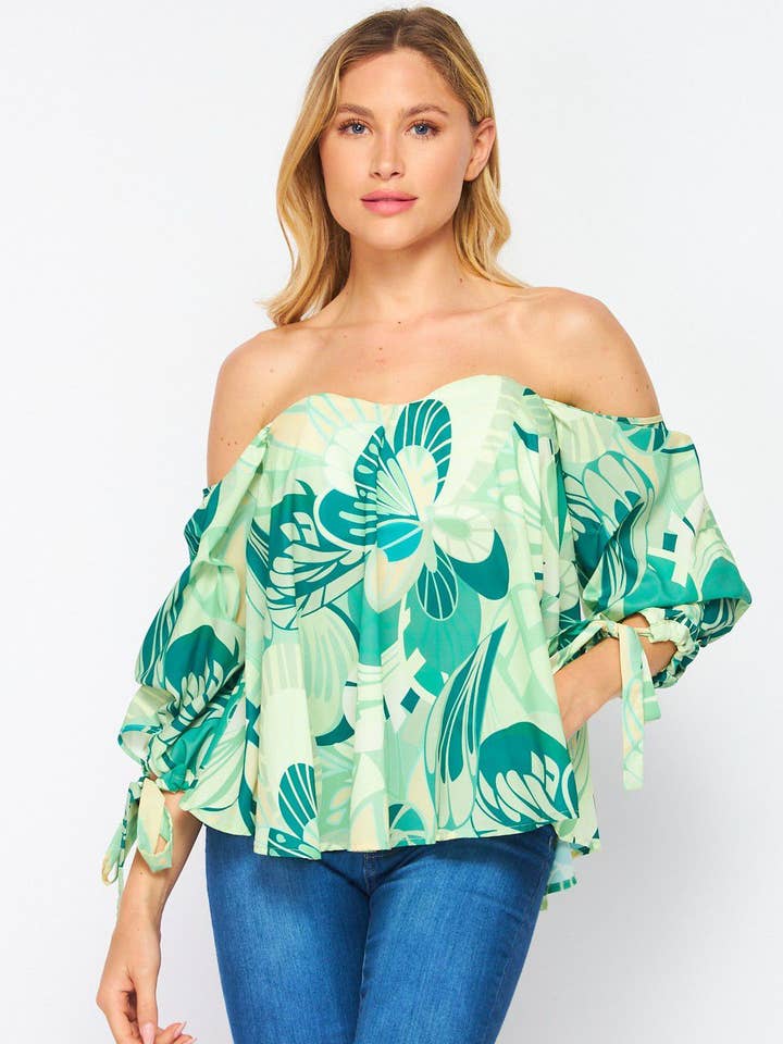 FST1990-STK Floral Stain Print Elbow Sleeve Off-Shoulder Top for wholesale by Fascination by Intrend