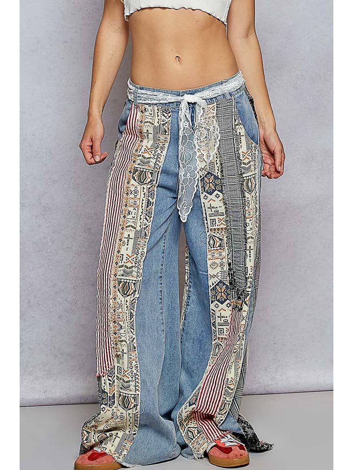Pol Clothing - Wholesale Jeans - Women's - Patchwork relaxed woven denim pant