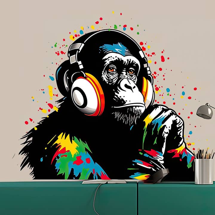 Sticker mural Singe DJ - fresque murale en vinyle : gorille pensif portant un casque pour la vente par Decords