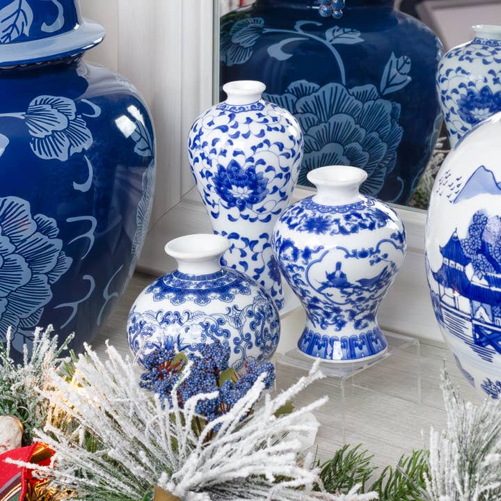 Kurated Korner - Wholesale Vase - Auldhome Design Blue and White Chinoiserie Vases (Set of 3)