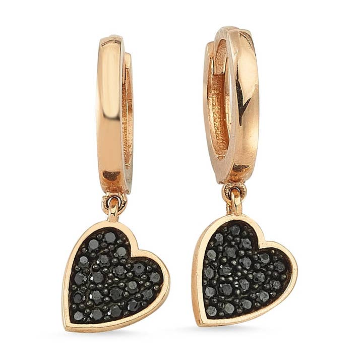 Créoles Huggie avec breloque cœur noir pavé en or jaune pur pour la vente par Sestra Jewelry