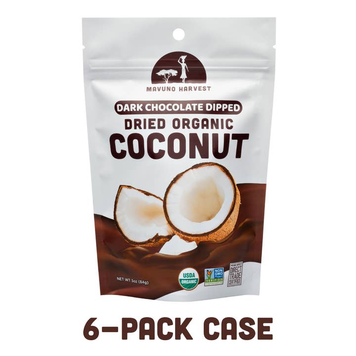Mavuno Harvest Organics - Wholesale Dried/Dehydrated Fruit - Organic Dark Chocolate Dipped Dried Coconut, 6-pack case