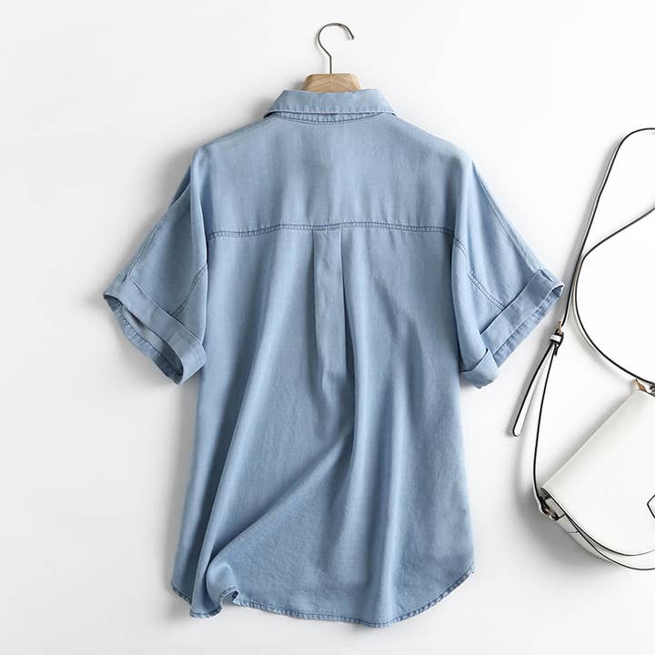 Whisper Mint – wholesale Tröja med knappar – Dam – Vintage Tencel Bomullströjor Kortärmad